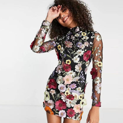 loveedsTM-Flower Print Embroidery Mini Dress Women Half High Collar Long Sleeve Hip Package Dresses Female Autumn Elegant Lady Vestidos