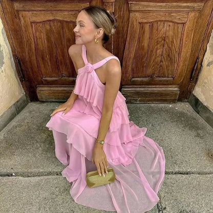 Pink suspenders fashion sweet A-line backless long chiffon tiered ball gown evening dress party dress gh2906