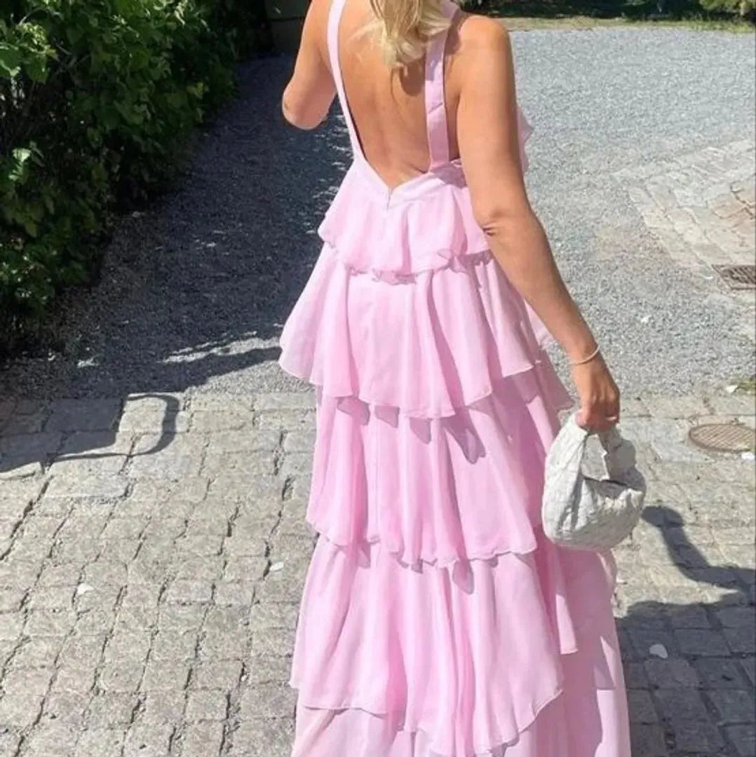 Pink suspenders fashion sweet A-line backless long chiffon tiered ball gown evening dress party dress gh2906
