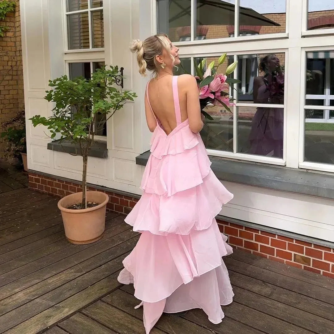 Pink suspenders fashion sweet A-line backless long chiffon tiered ball gown evening dress party dress gh2906