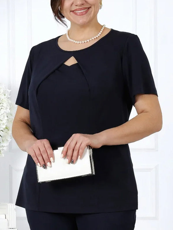 Round Neck Short-sleeved Solid Color Lace Top And Trousers Three-piece Suit