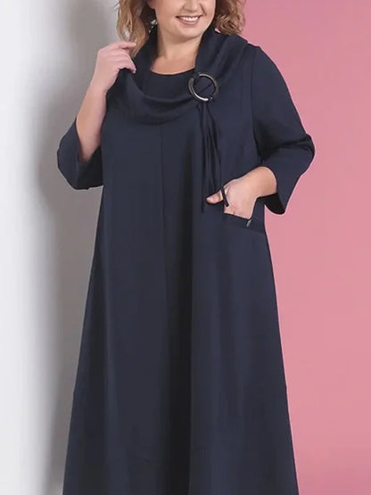 Round Neck Solid Color Pocket Long Sleeve Dress