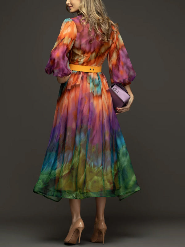 Crew Neck Printed Chiffon Midi Dress