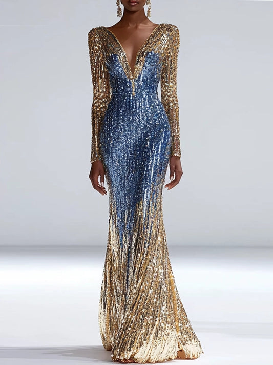 Formal Party Work Wedding V Neck Gradient Blue Gold Sequin Maxi Dress
