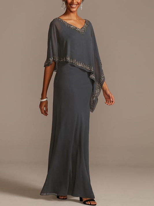 Beaded V-neck Chiffon Cape Sheath Maxi Dress