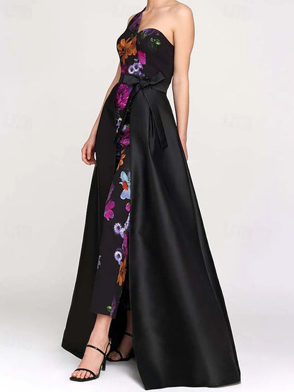 Black One Shoulder Satin Sleeveless Printed Jumpsuit