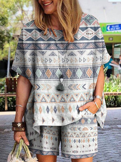Women's Round Neck Geometric Print Short Sleeve Suit