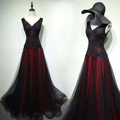 Gorgeous Black And Red V-Neckline Tulle Beaded Prom Dress, Long Evening Gown    fg1880