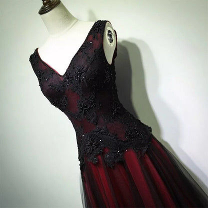 Gorgeous Black And Red V-Neckline Tulle Beaded Prom Dress, Long Evening Gown    fg1880