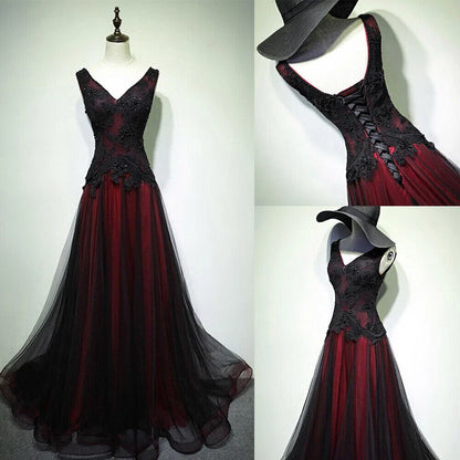 Gorgeous Black And Red V-Neckline Tulle Beaded Prom Dress, Long Evening Gown    fg1880