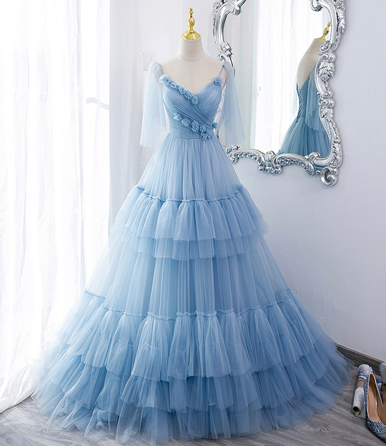 BLUE TULLE LONG A LINE PROM DRESS BLUE EVENING DRESS     fg234