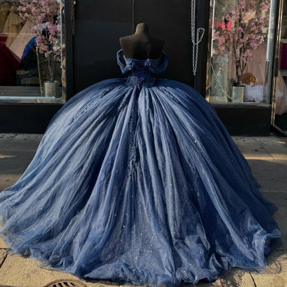 Sweet 16 Birthday Party Dresses Navy Blue Off-Shoulder Lace Appliqued Tulle Ball Gown for Birthday Celebration Sweet 15 Mexican Dresses fg6897