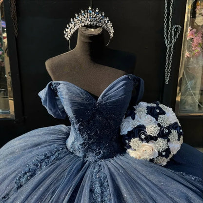 Sweet 16 Birthday Party Dresses Navy Blue Off-Shoulder Lace Appliqued Tulle Ball Gown for Birthday Celebration Sweet 15 Mexican Dresses fg6897