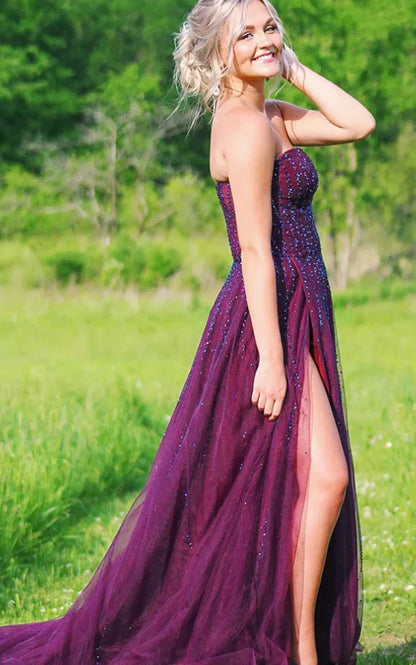 PM454, A Line Tulle Grape Beaded Sweetheart Long Side Slit Prom Dresses