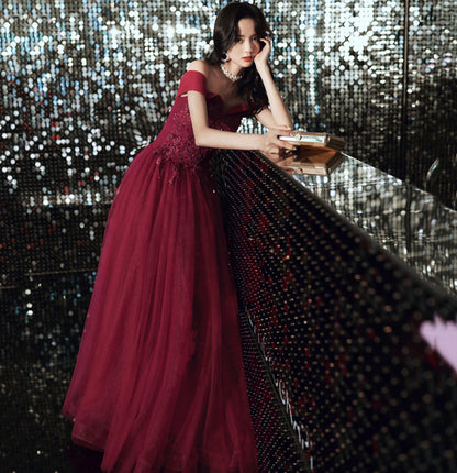 Burgundy lace beads long prom dress evening dress  10114