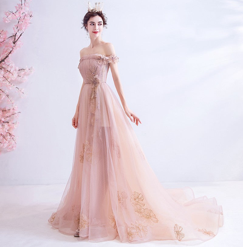 Pink tulle long A line prom dress pink evening dress  10129