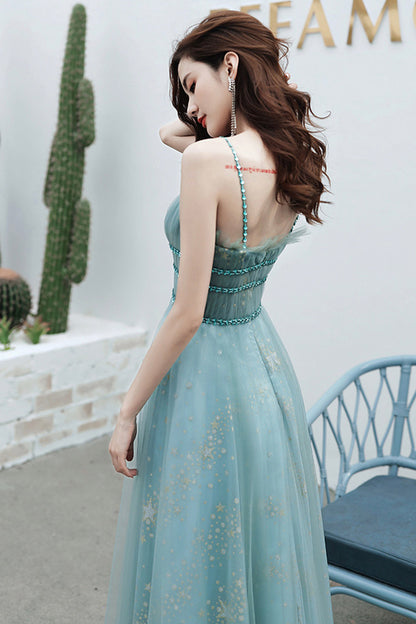 Blue tulle long A line prom dress blue evening dress  8581