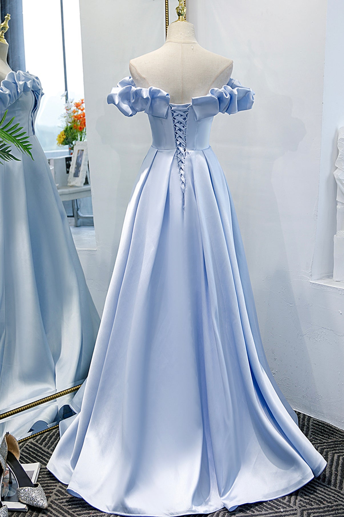 Blue satin long A line prom dress blue evening dress  8746