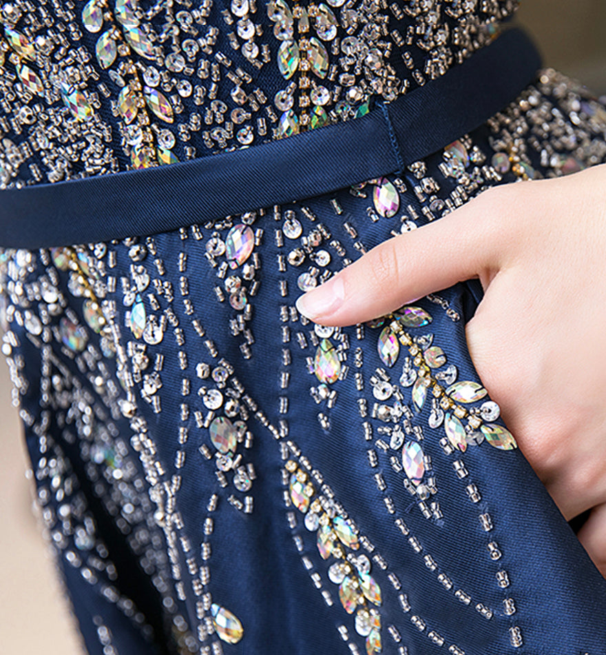 High quality v neck beads long prom dress blue evening dress  8526