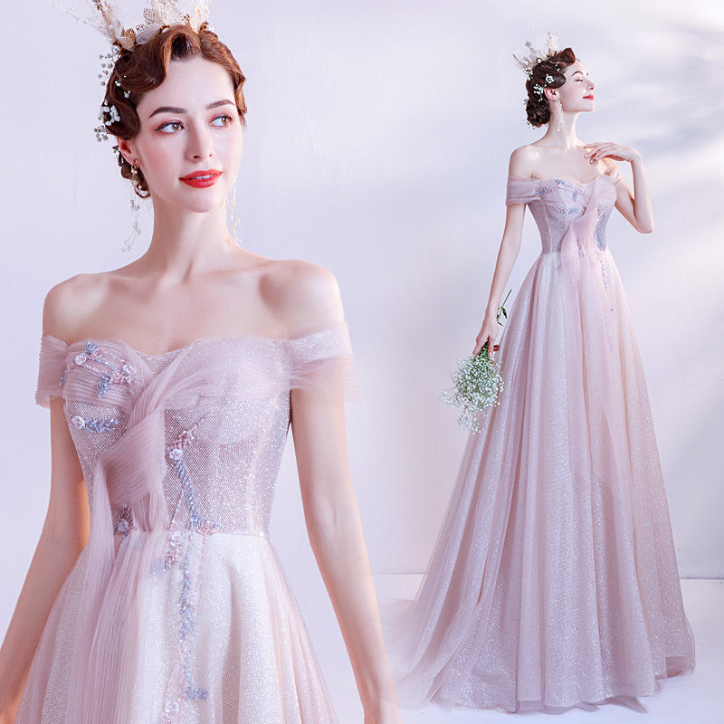 Pink tulle long A line prom dress pink evening dress  8768