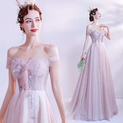 Pink tulle long A line prom dress pink evening dress  8768