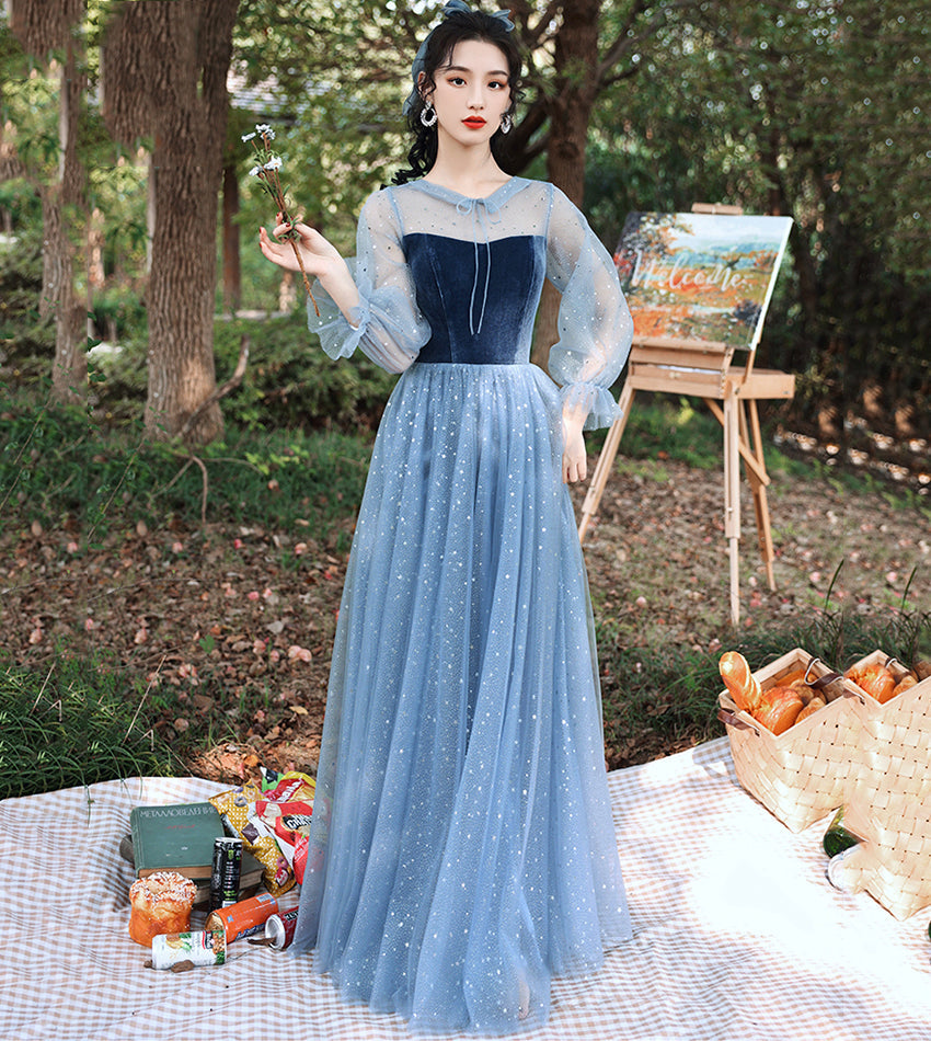 Blue velvet tulle long prom dress blue evening dress  8533