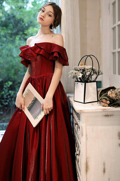 Burgundy satin long prom dress evening dress  8510