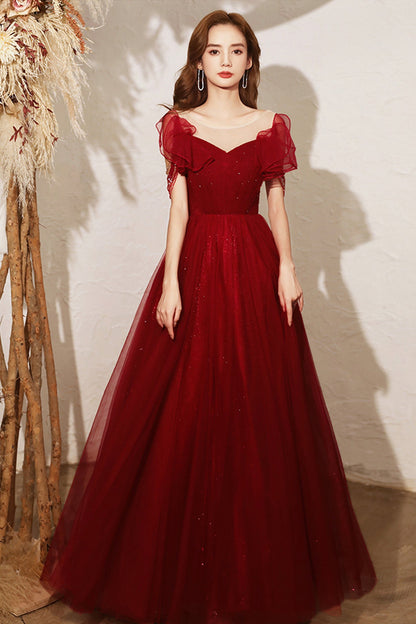 Burgundy tulle long A line prom dress evening dress  8680