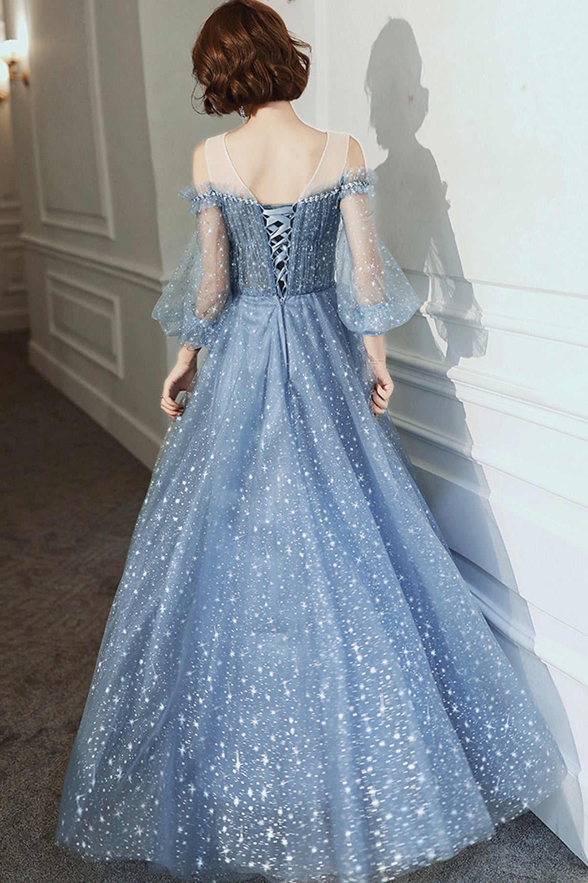 Blue tulle long A line prom dress blue evening dress  8759