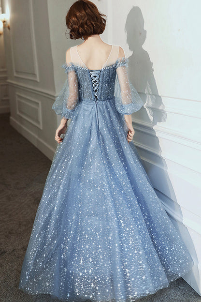 Blue tulle long A line prom dress blue evening dress  8759
