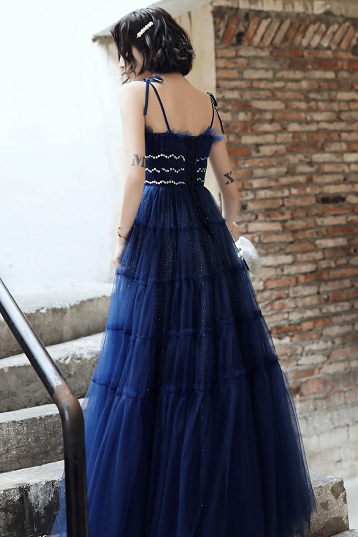 Blue tulle long A line prom dress blue evening dress  8741