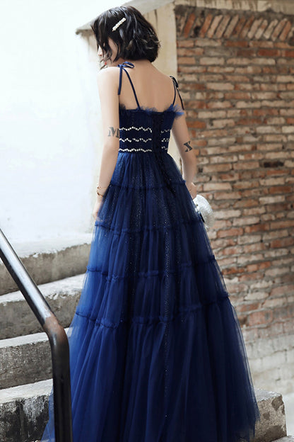 Blue tulle long A line prom dress blue evening dress  8741