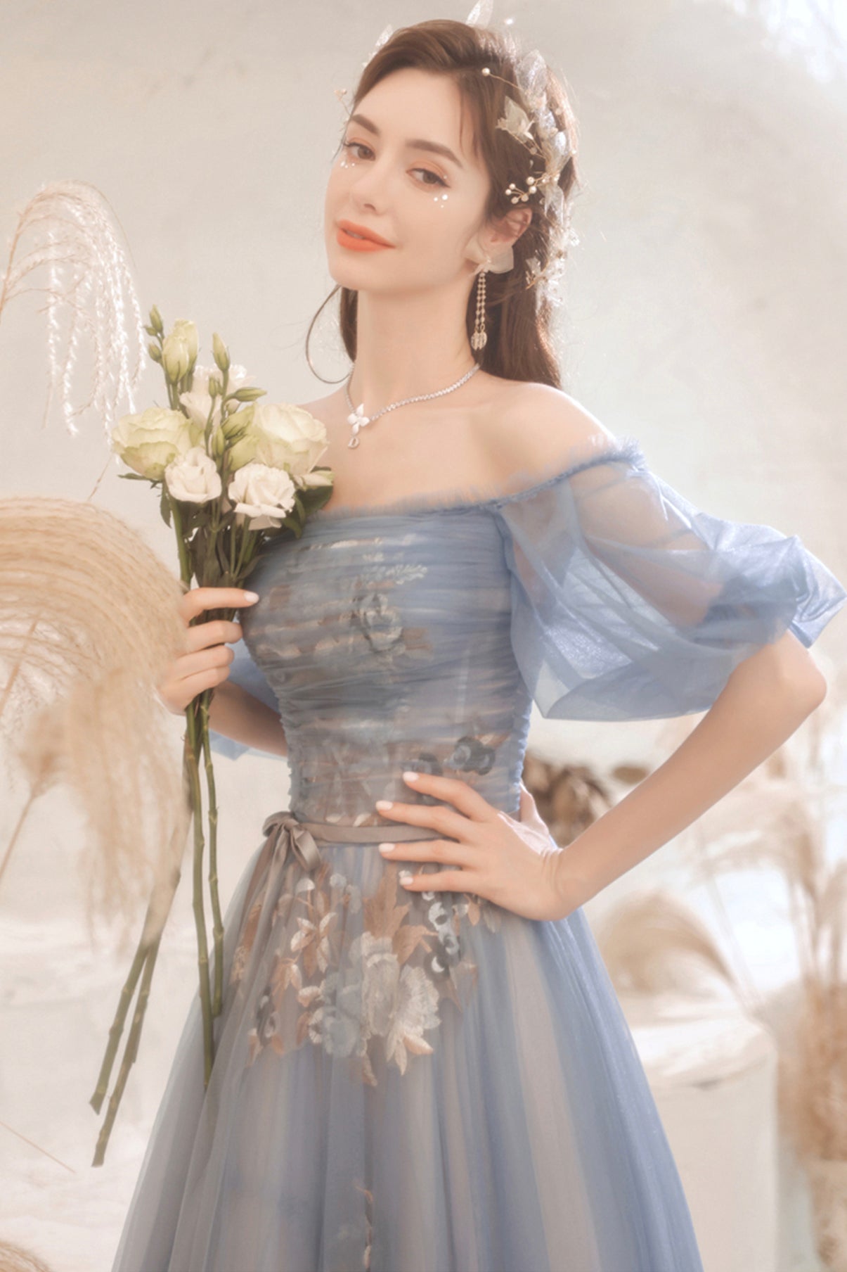 Blue lace long A line prom dress blue evening dress  8751