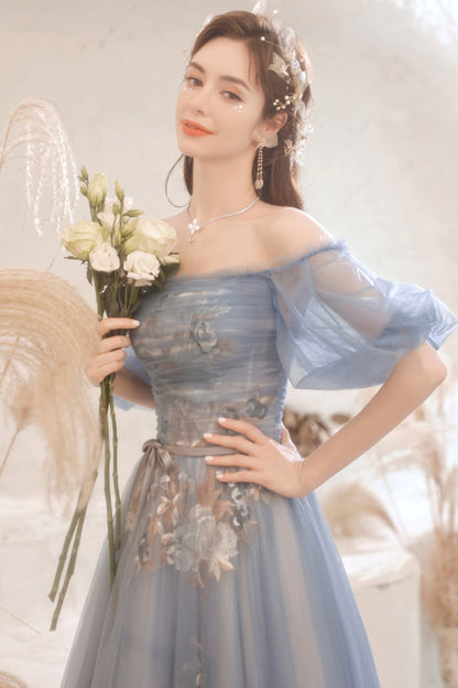 Blue lace long A line prom dress blue evening dress  8751