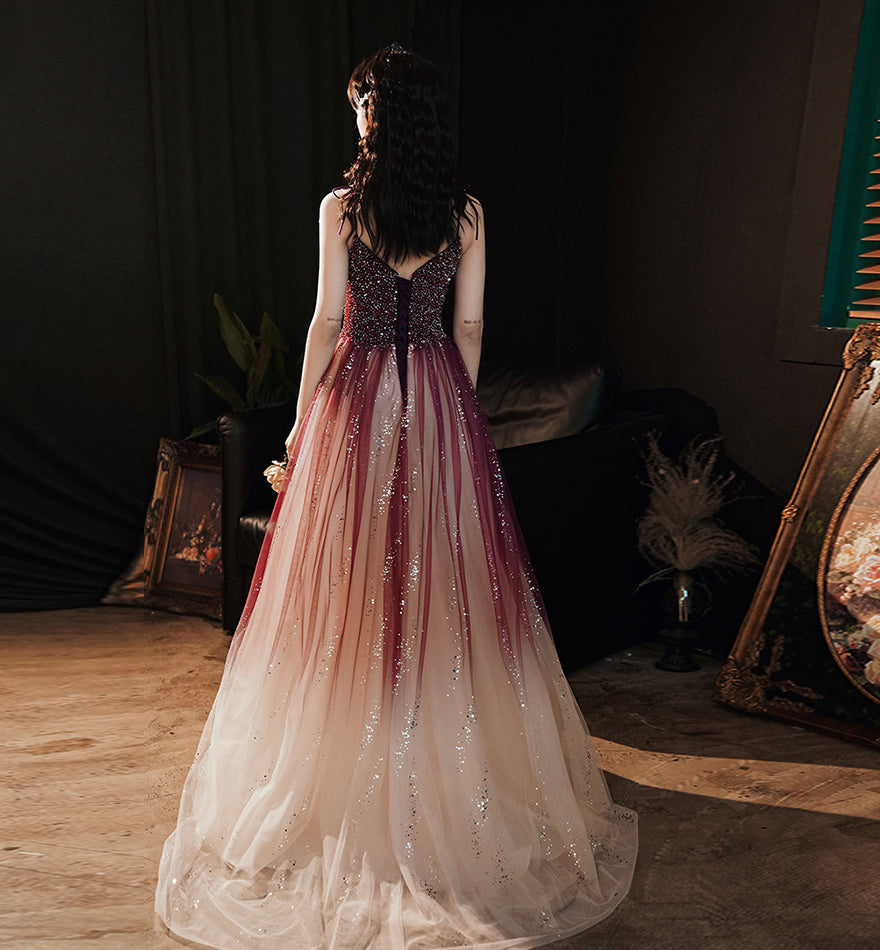 Burgundy tulle beads long prom dress evening dress  8459