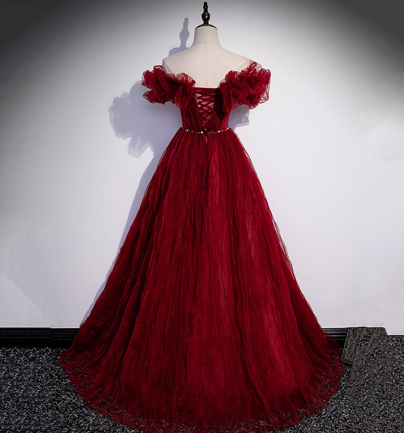 Burgundy tulle long prom dress A line evening gown  10006