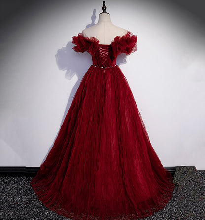 Burgundy tulle long prom dress A line evening gown  10006