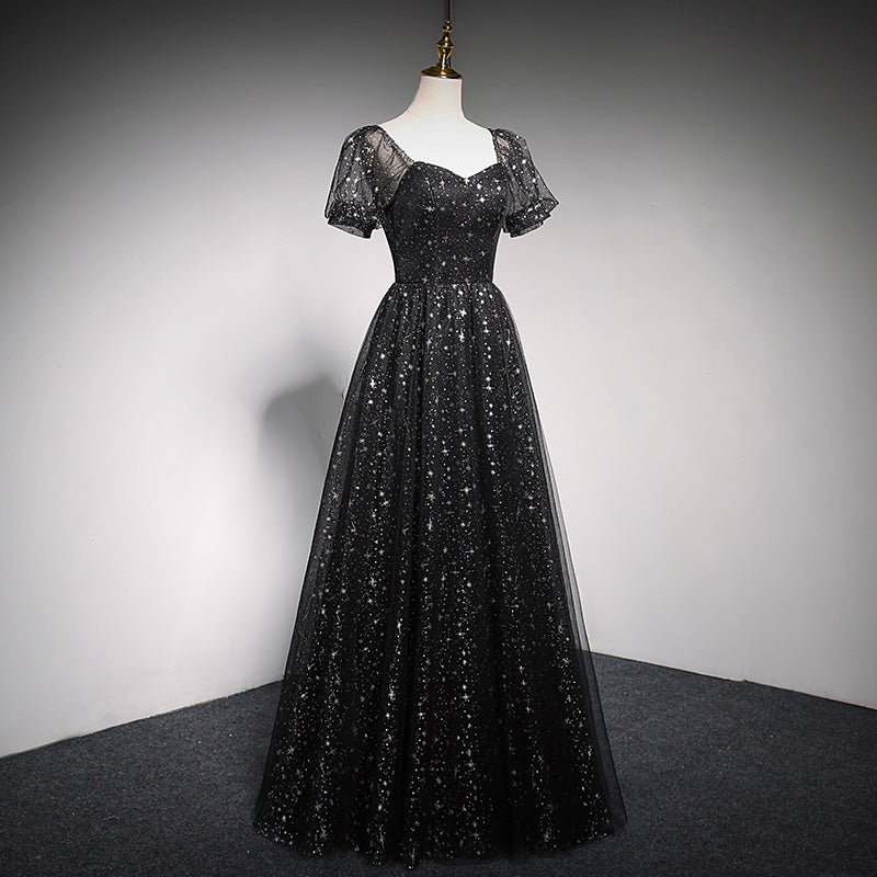 Blue tulle long A line prom dress blue evening dress  10018