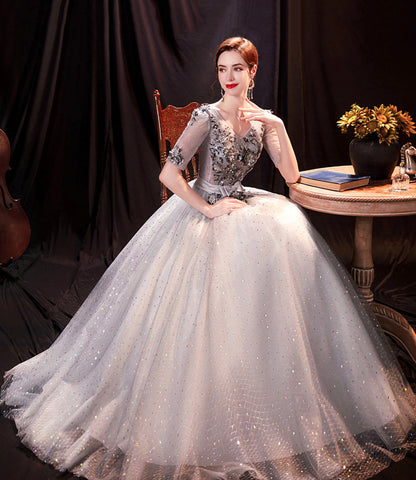 Gray tulle sequins long prom dress A line evening dress  8996