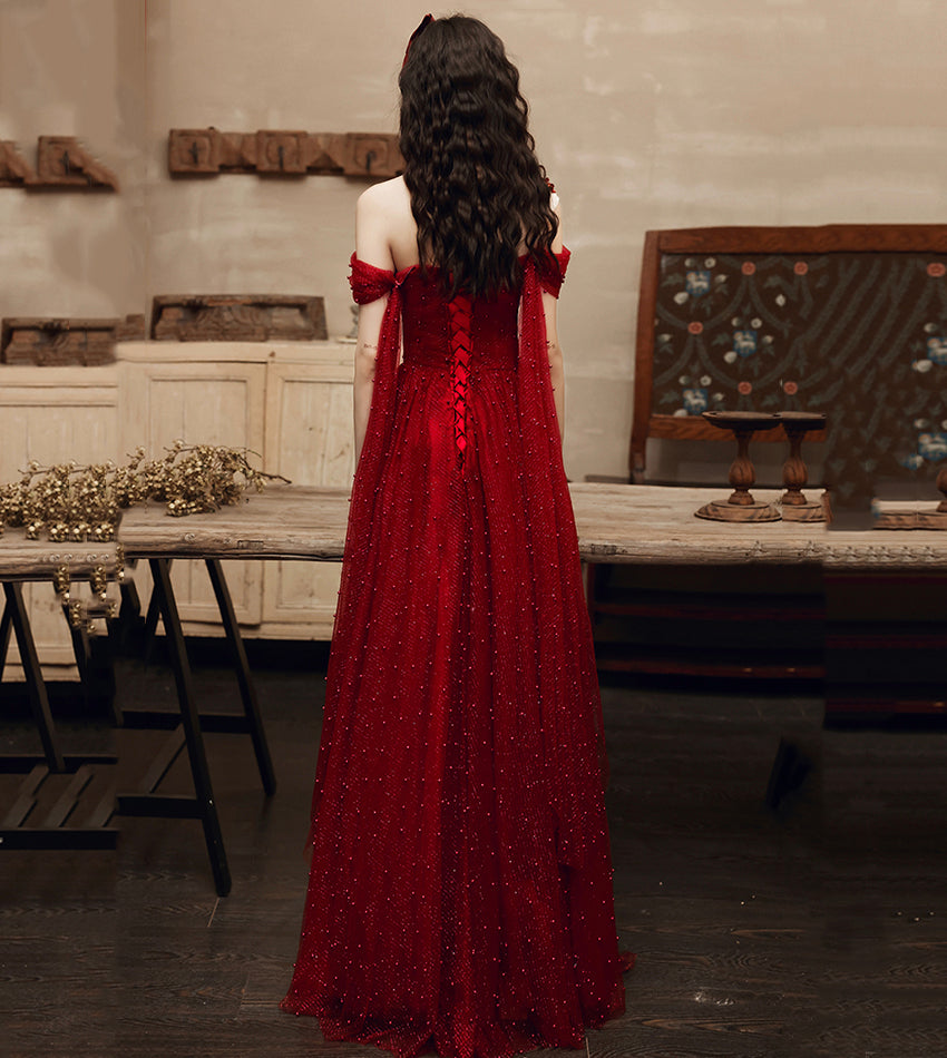 Burgundy tulle beads long prom dress one shoulder evening dress  8552