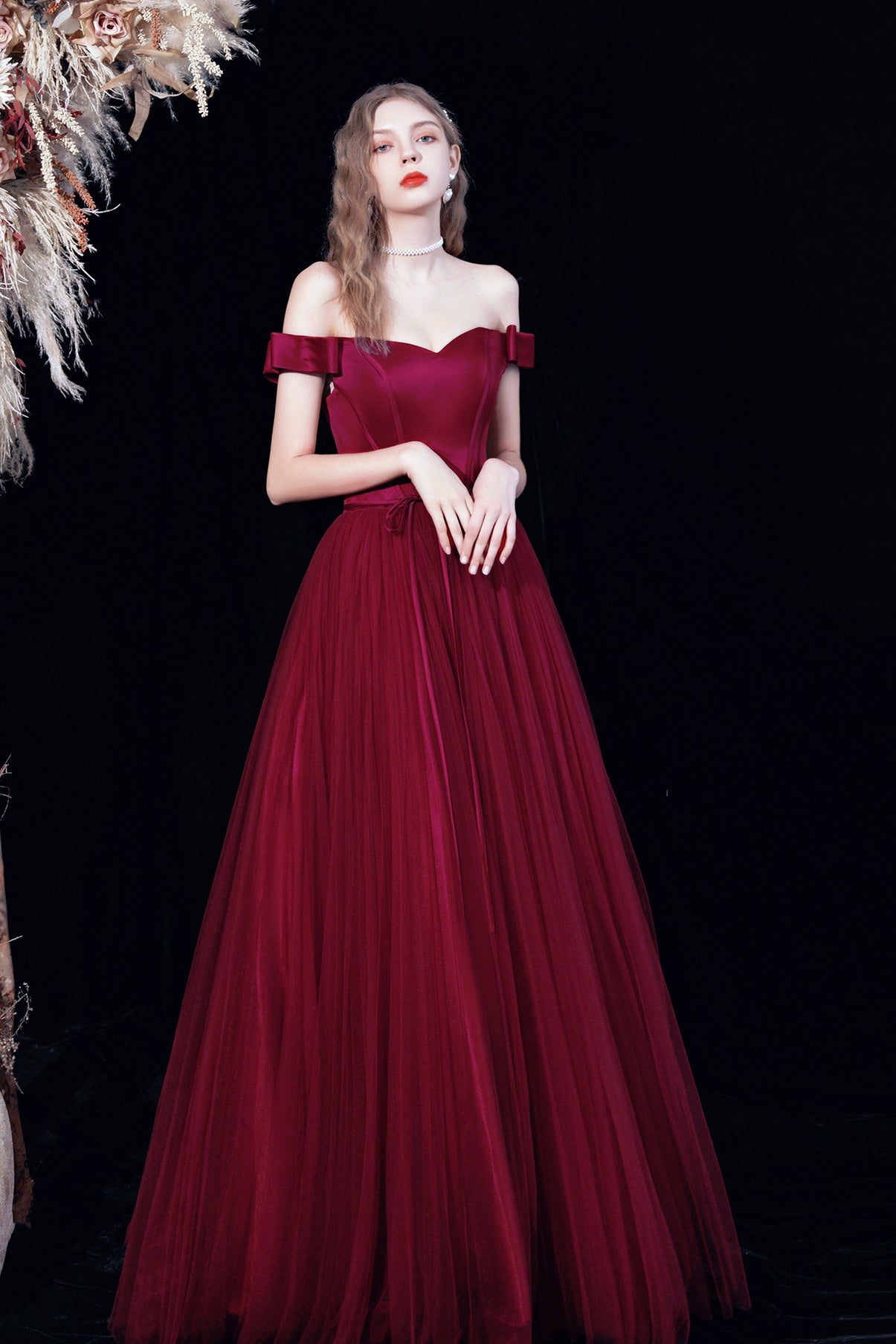 Burgundy tulle long A line prom dress evening dress  8678