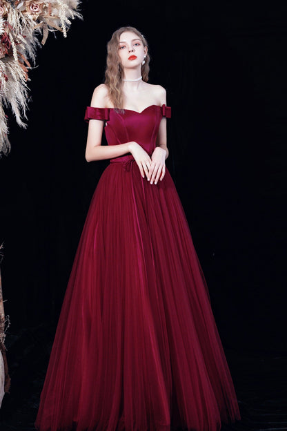 Burgundy tulle long A line prom dress evening dress  8678
