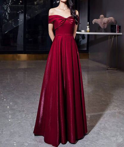 Shiny satin long prom dress burgundy evening dress  8489