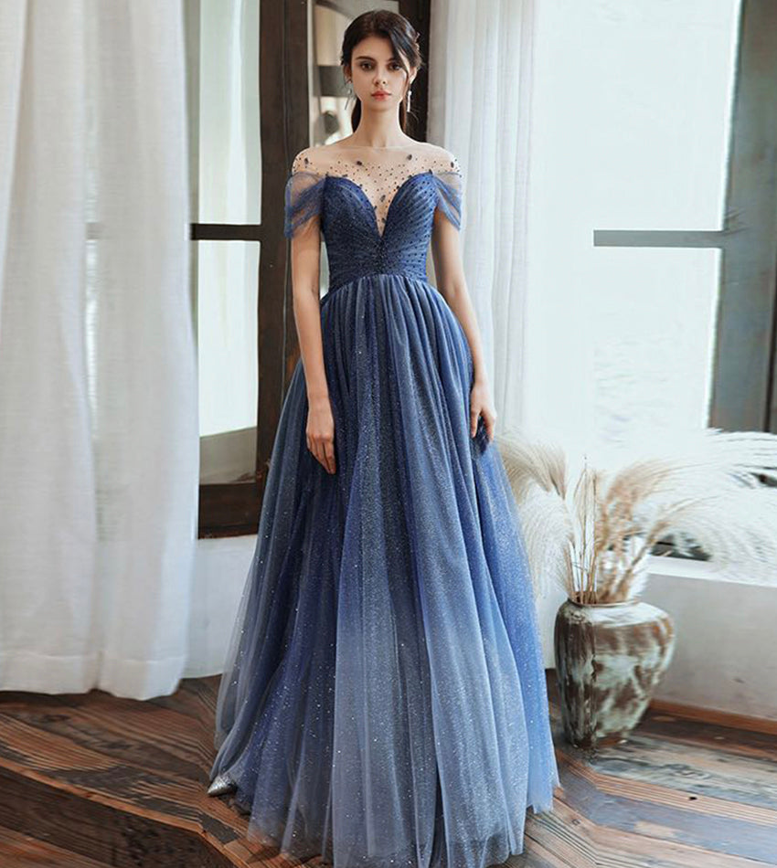 Blue tulle beads long prom dress evening dress  8434