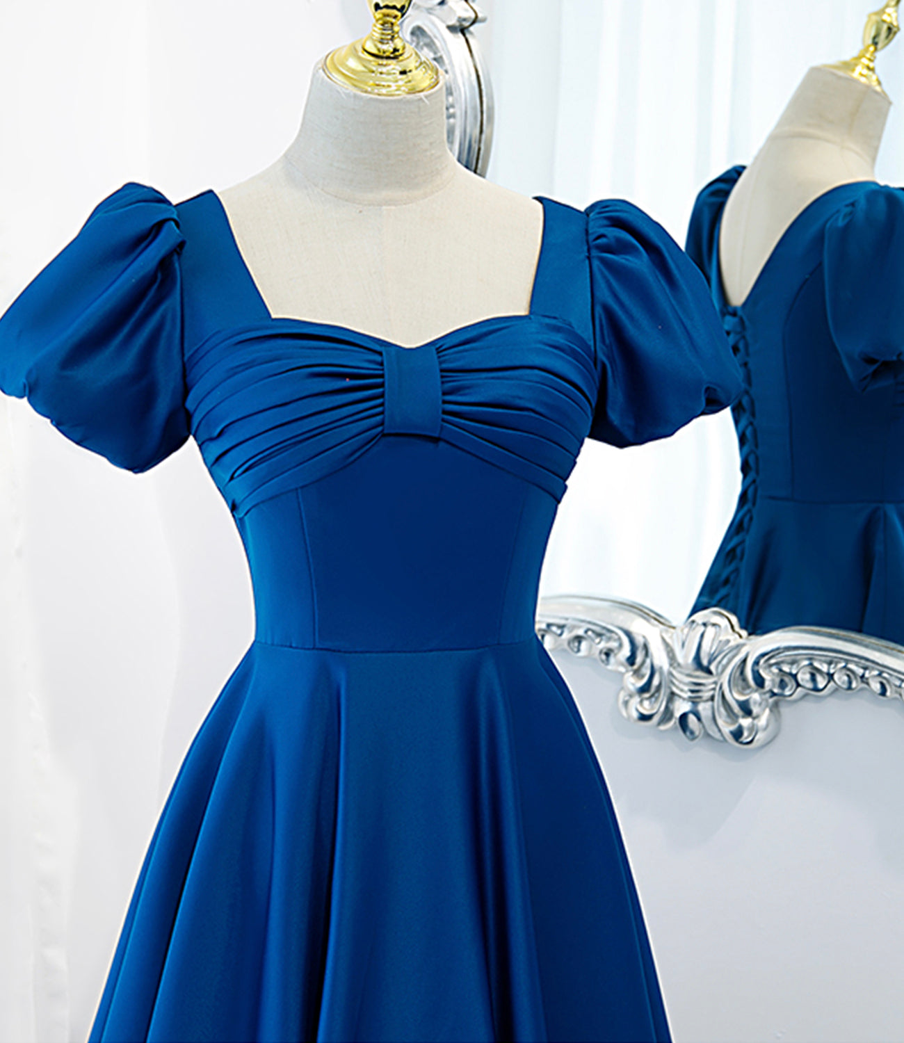 Blue satin long A line prom dress blue evening dress  8848