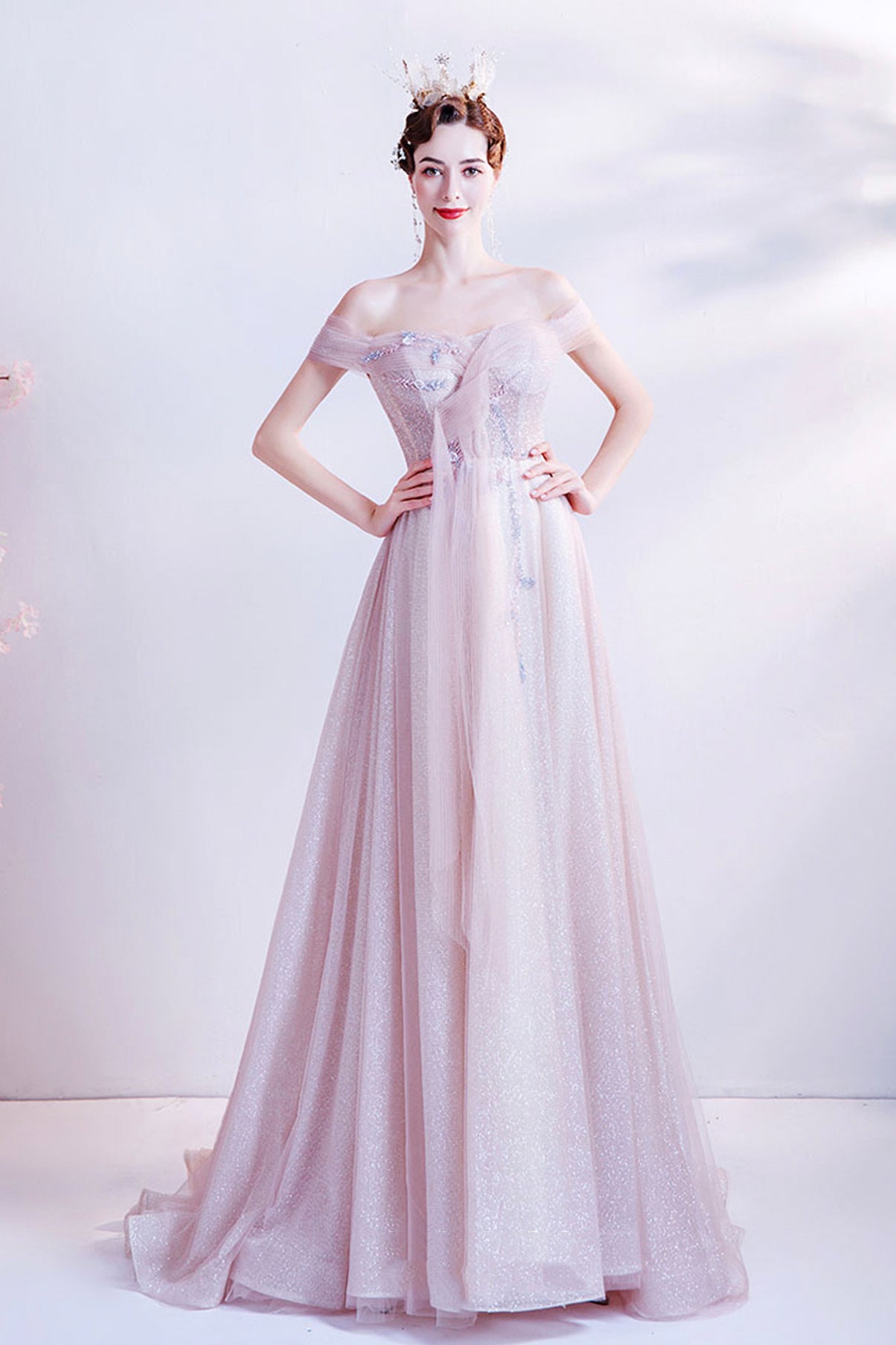 Pink tulle long A line prom dress pink evening dress  8768