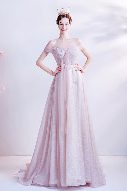 Pink tulle long A line prom dress pink evening dress  8768