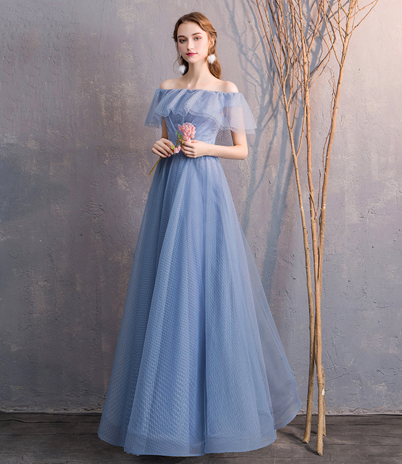 Blue tulle long prom dress simple evening dress  8866