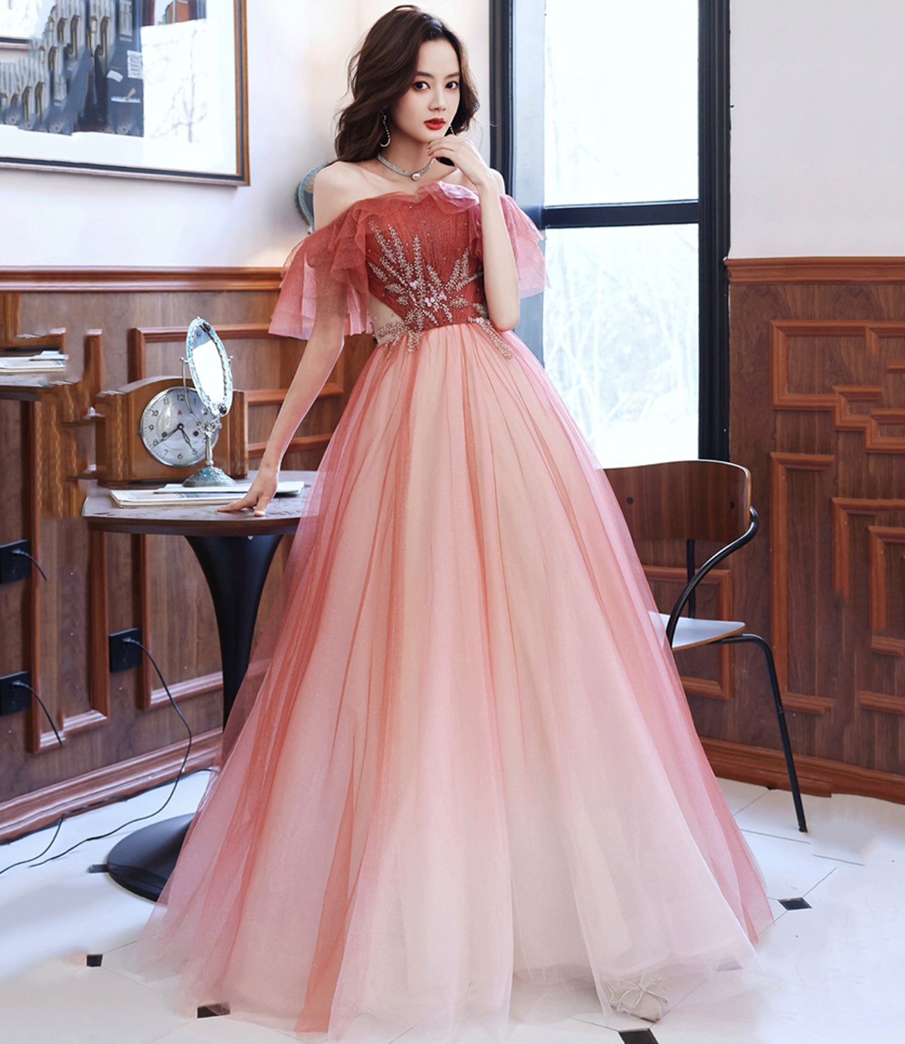 Burgundy tulle long A line prom dress evening dress  8920