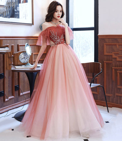 Burgundy tulle long A line prom dress evening dress  8920